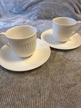 Mikasa White Embossed Ceramic Tea Cups with Saucers - Set of 2